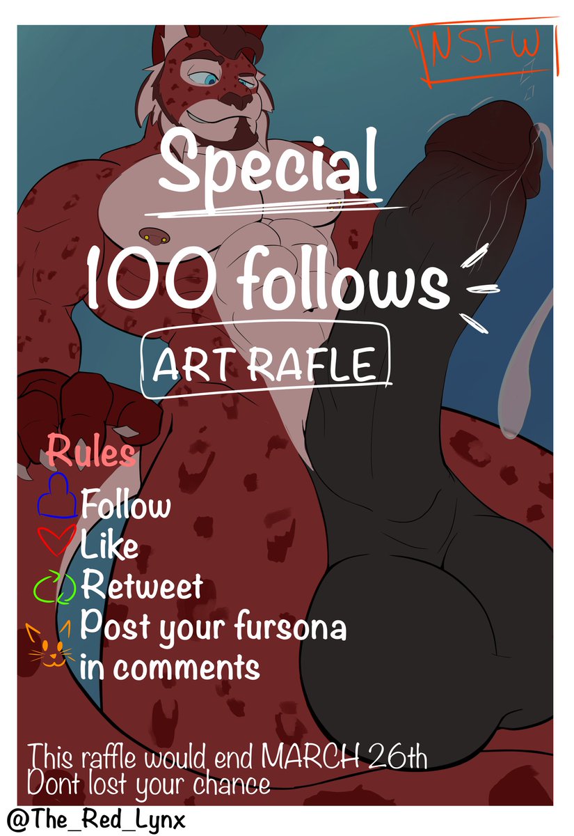 Okay okay YAAAAY Happy to be in 100 followers and hope would be more kakdksnfks Lets do a raffle >_< #raffle #art #furryart #nsfw #Special