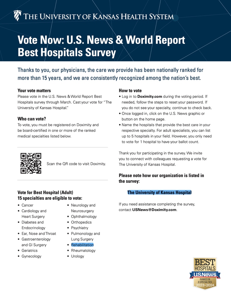 Alumni & friends of KU PM&R: the voting period for the #USNewsandWorldReport Best Hospitals Survey for the #Rehabilitation speciality will be closing on March 27th. Please vote for The University of Kansas Hospital for the Rehabilitation speciality on Doximity.com!