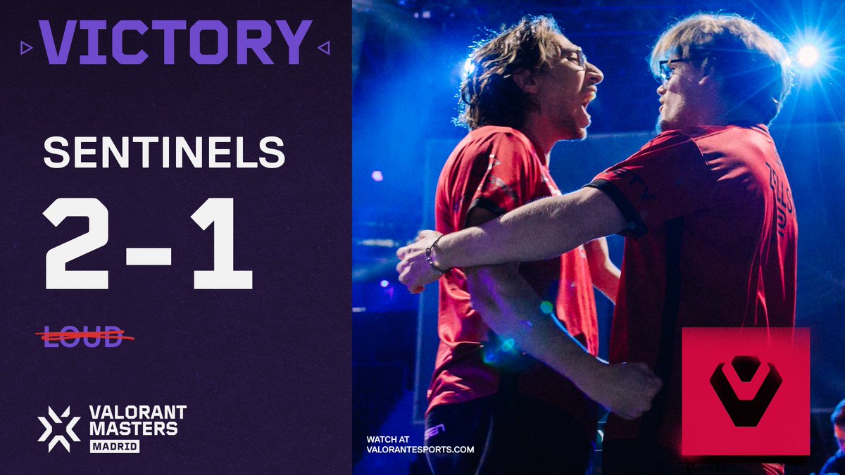ValorantEsports's tweet photo. HISTORY REPEATS ITSELF! 

SENTINELS DEFEAT LOUD IN THEIR FIRST PLAYOFF MATCH AT #VALORANTMasters MADRID! https://t.co/VBhM7qUs3O
