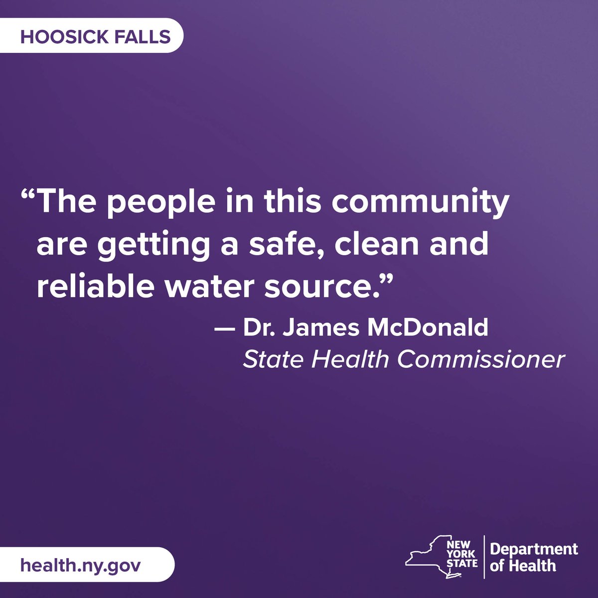 The Department will continue to collaborate with our partners to monitor and prioritize public health and to ensure that safe drinking water is available to the Hoosick Falls community for years to come. Learn more about this new State water project: governor.ny.gov/news/governor-…