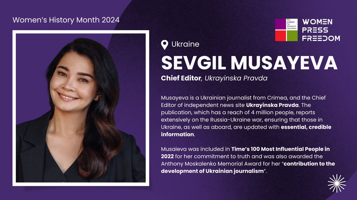 For #WomensHistoryMonth today, we honor award-winning Ukrainian journalist @SMusaieva, renowned for her innovative contributions to journalism & advocacy for press freedom. Musayeva’s pursuit for impartial coverage of the Russia-Ukraine war shows her dedication to truth-telling.