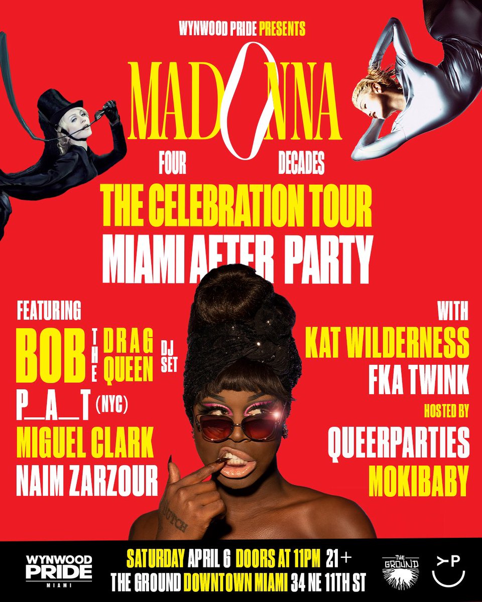 Hello Miami! Wynwood Pride Presents the Madonna Celebration Tour Miami After Party! 🪩

Saturday, April 6th
The Ground
Downtown Miami 
34 NE 11th St

Doors open at 11PM 🎉

🎟️: link.dice.fm/madonnamiami