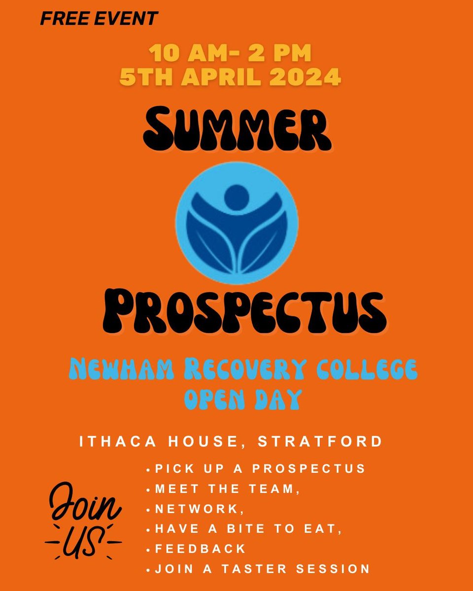 @INUF_thecharity welcomes @NewhamRC to @IthacaHouse for their Summer Prospectus launch event 👩‍🏫🎒🧑‍🏫 It will be AMAZING 🤗✨💫👀 🗓️ 5th April 📍 Stratford @NewhamLondon Come, chat, try tasters, meet the Team, grab a bite 😋 #courses #Free #NRC #summer #wellbeing c/o: @NHS_ELFT