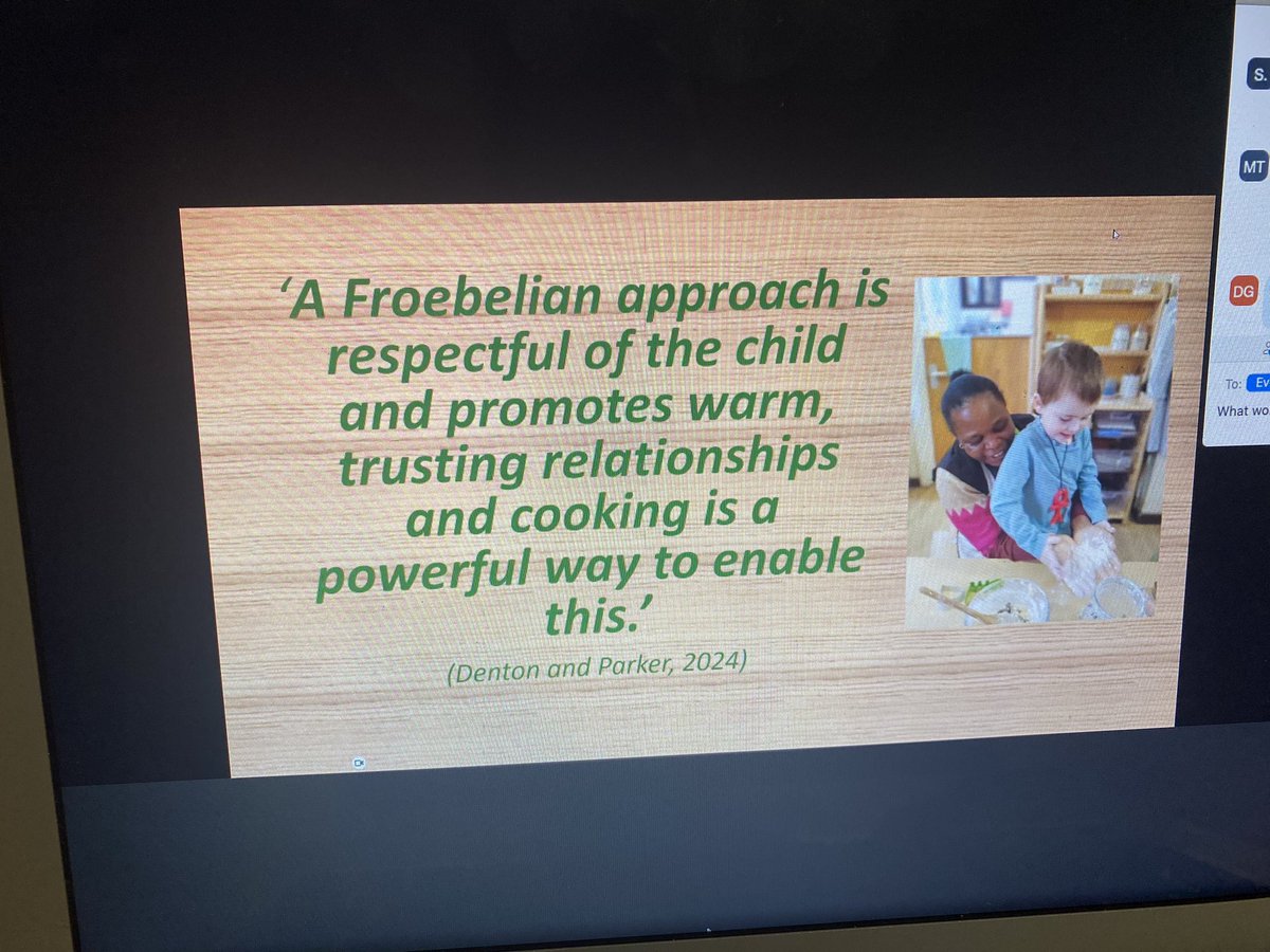 DonnaGreenx's tweet photo. Another wonderful @FroebelTrust webinar. Great to hear Lucy &amp; Helen sharing how cooking has evolved over time in the nursery &amp; how this unfolds in the day to day practice. Check out the fabulous Cooking with young children pamphlet: https://t.co/73X61eWihu https://t.co/G8kUHPxaOY
