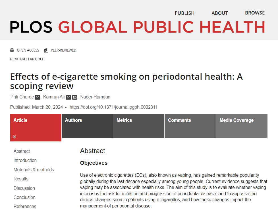 The aim of this study is to evaluate whether vaping increases the risk for initiation and progression of periodontal disease; and to appraise the clinical changes seen in patients using e-cigarettes. plos.io/3vcWXgJ