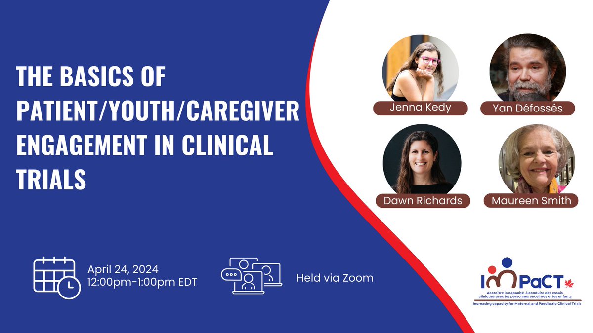 Join us for our first IMPaCT webinar focused on youth and family engagement in pediatric and perinatal trials. Hear from IMPaCT parent partner Yan and youth partner Jenna and from patient engagement specialists Maureen and Dawn! Register here: bit.ly/3Vs2Z7C