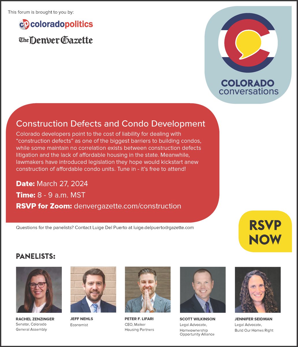 housingforco's tweet photo. Take a deep dive into construction defects &amp; condo development with the experts brought to you by @colo_politics &amp; @DenverGazette. Register: https://t.co/3dSlWhCJnj #copolitics  

Panelists: @Zenzinger_AtoZ, Jeff Nehls, @PLifari, Scott Wilkinson, Jennifer Seidman https://t.co/YwlsLH7Q2T