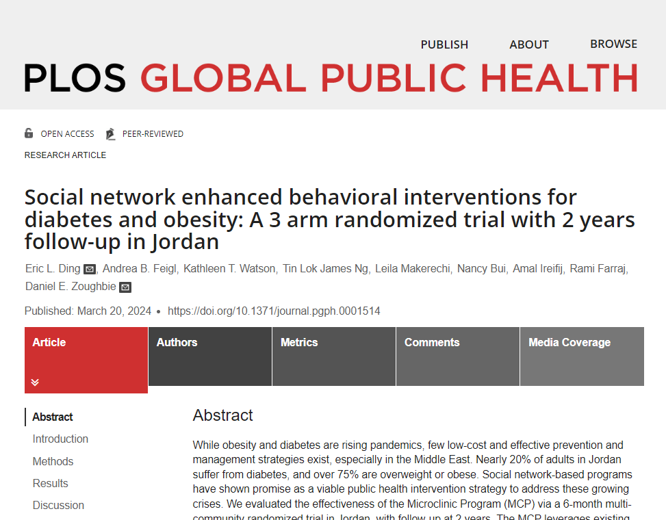 This study evaluated the effectiveness of the Microclinic Program (MCP) via a 6-month community randomized trial in Jordan, with follow-up at 2 years. The MCP leverages existing social relationships to propagate positive health behaviors and information. plos.io/3x2kBwJ