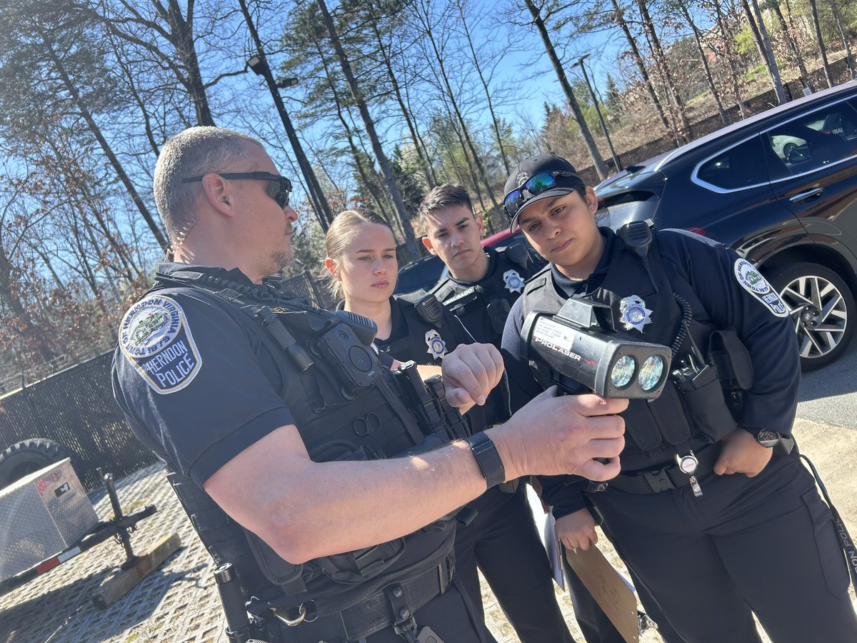 Senior Sergeant Rider shows three of our recently graduated recruits (Cole, Salgado, Navarro) how our LIDAR equipment works. All four of our newest officers (Pierre, not shown) begin their field training this weekend. Make sure to say hello when you see them around town!