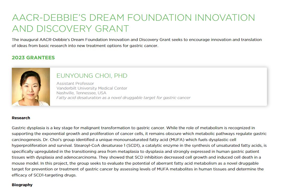 Congratulations 👏👏🤩 Dr. Eunyoung Choi on receiving the 2024 @AACR @StomachCancer_ #Innovation and #Discovery Grant! @GoldenringLab @VUMC_Cancer @jordanberlin5 @mgibson21212 #cancer #UGI #CancerResearch @VUMCDiscoveries @VUMCHemOnc