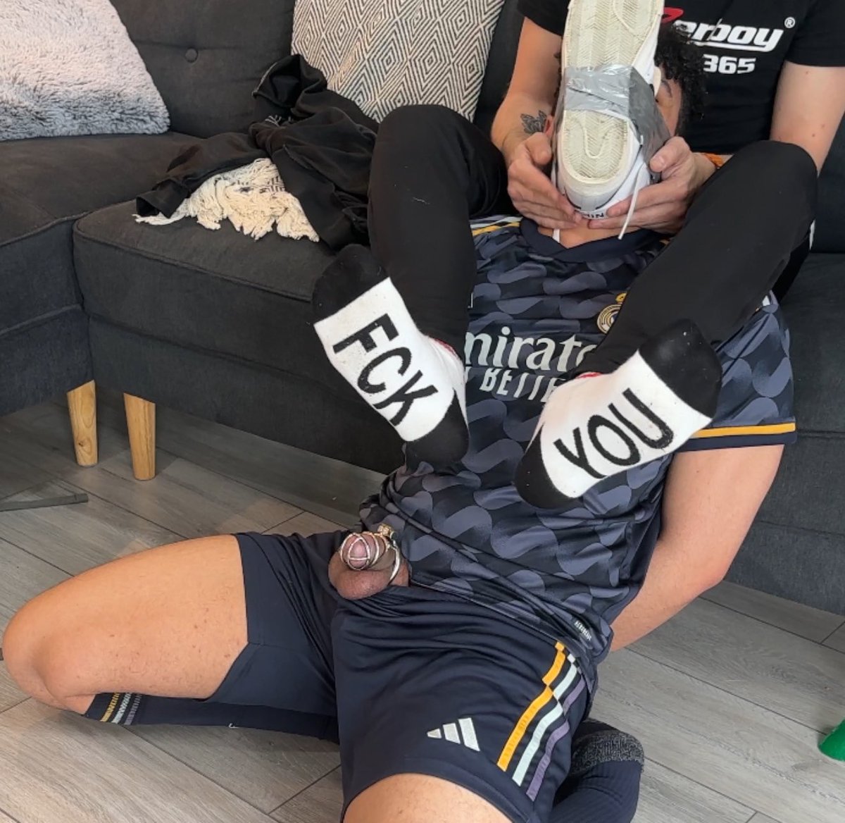 Look at how happy <a href="/KnotRowan/">KnotRowan</a> is with his little dick all locked up &amp; my smelly sneaker duct-taped to his face 🥰 🔥 😈