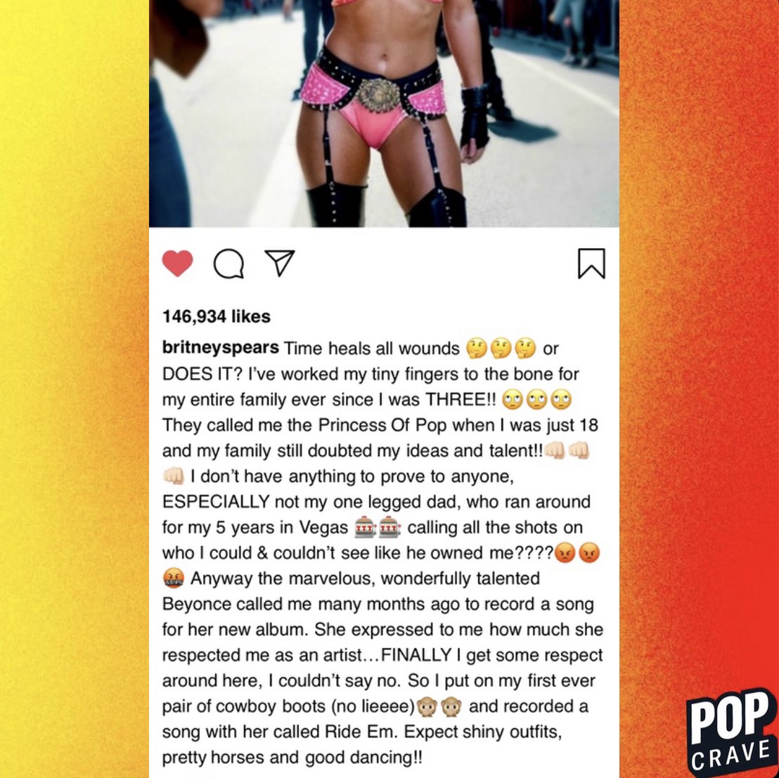 P0pCraev's tweet photo. Britney Spears announces a new track titled “Ride Em” for Beyoncé’s upcoming album “Cowboy Carter”.

With the accompaniment of what seems to be an on-set photo, Spears’s caption reads “She expressed to me how much she respected me as an artist— I couldn’t say no”. https://t.co/rrxnZOtJKc