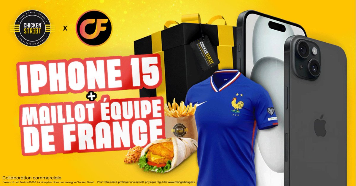 🚨🎁 JEU CONCOURS 1M d'abonnés, ça se fête non ? Avec @ChickenStreetFR, on vous offre un iPhone 15 et le tout nouveau maillot de l'Équipe de France ! 🇫🇷😍 👉 Pour participer : • RT + Like le tweet • Follow @CerfiaFR & @ChickenStreetFR 🗓️ TAS le 01/04 I Publicité