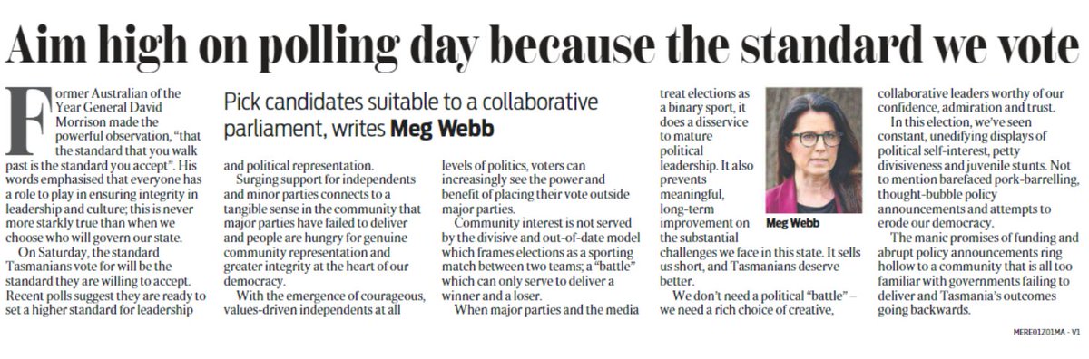 My thoughts in <a href="/themercurycomau/">Mercury</a> ahead of tomorrow's state election. #politas
"Former Australian of the Year General David Morrison made the powerful observation that "the standard that you walk past is the standard you accept". His words emphasised that everyone has a role to