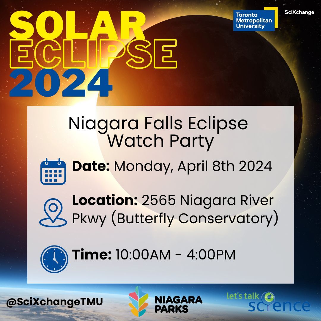 Join us for our Solar Eclipse Watch Party in Niagara Falls! 🌞🌑 

🗓️ Date: Monday, April 8th, 2024
📍 Location: 2565 Niagara River Pkwy (Butterfly Conservatory)
🕙 Time: 10:00 AM - 4:00 PM

 #NiagaraEclipse #WatchParty #NiagaraParks #SolarEclipse2024 #Eclipse2024
