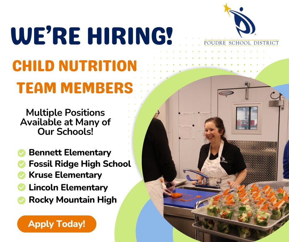 We have many child nutrition positions available both part time and full time! Apply now at ow.ly/J3u150QYfyB

To schedule an interview at our hiring event next Wednesday, visit ow.ly/oaws50QYfyC

#PSDProud #NutritionJobs #COSchools