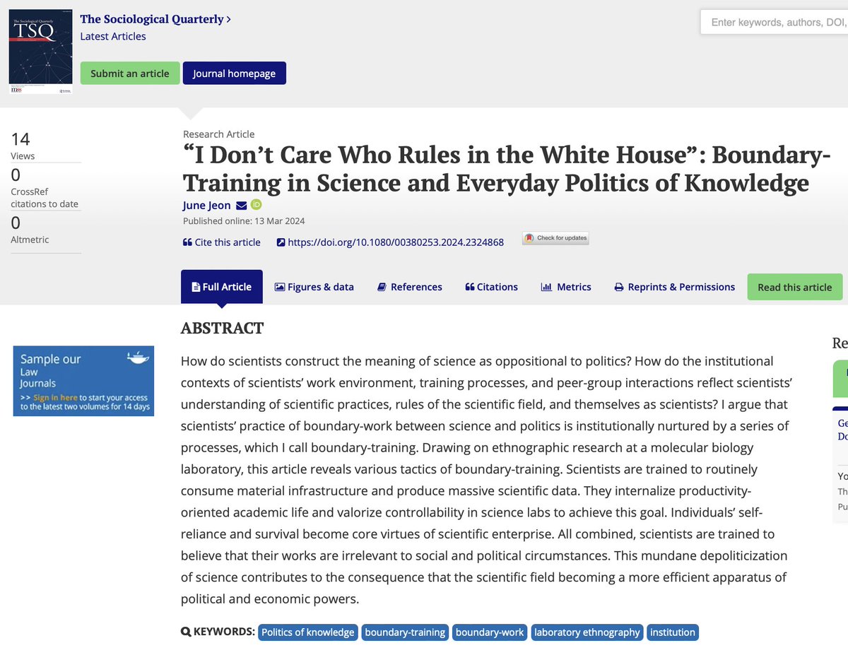 NEW IN TSQ June Jeon (@JuneJeon14) examines how 'scientists are trained to believe that their works are irrelevant to social and political circumstances,' leading science to become 'a more efficient apparatus of political and economic powers.' Read more: bit.ly/4csUuj2