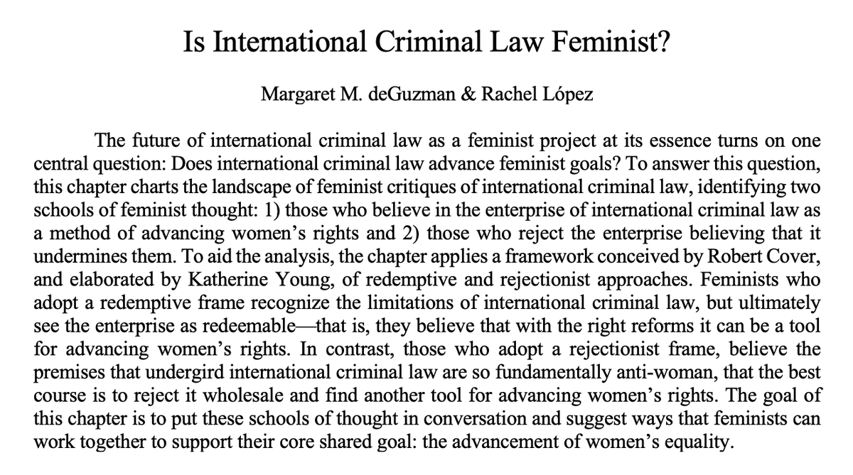 For anyone who has ever wondered 'Is International Criminal Law Feminist?' @Megdeguzmanprof & I have a chapter just for you, forthcoming in the Oxford Handbook on Women and International Law. Our draft is also now up @SSRN: papers.ssrn.com/sol3/papers.cf… A brief🧵