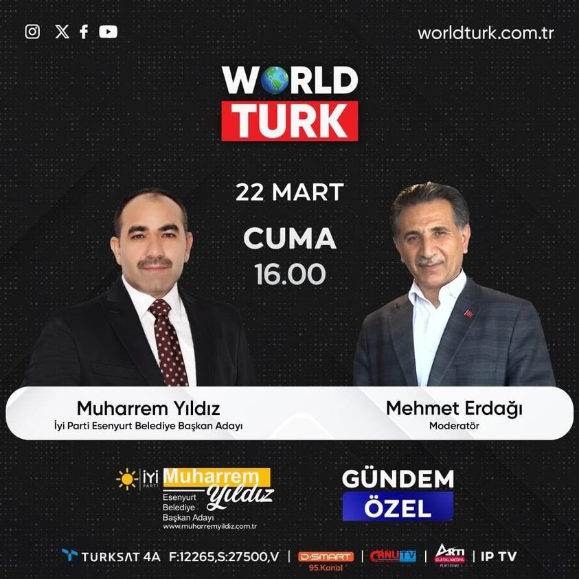 🗓️22 Mart Cuma (Yarın) ⏱️16.00 🖥️ World Türk ‘te @world_turk_tv Mehmet Erdağı’nın sorularını yanıtlayacağım. Sosyal medya hesaplarımdan canlı olarak takip edebilirsiniz. #tv100 #istanbul #muharremyıldız #handeaydemir #esenyurt #yerelseçim #seçim2024