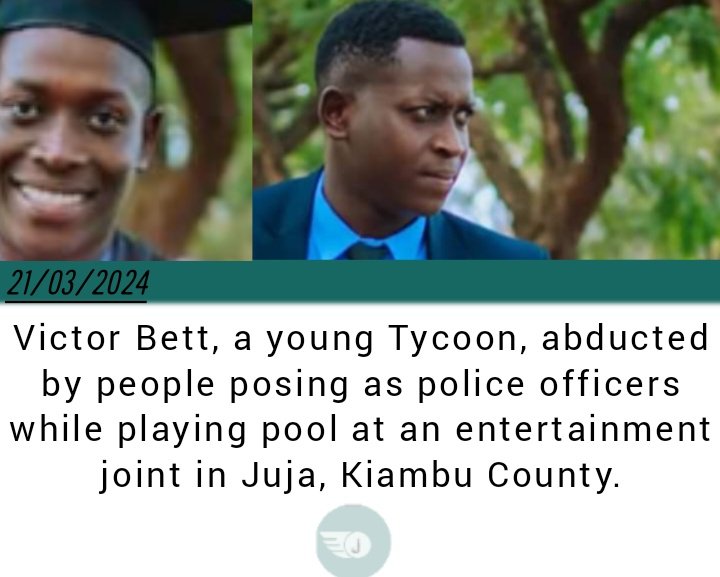 Goddie_Ke's tweet photo. Victor Bett, a tycoon at 23 years old was abducted by people posing as police officers while playing pool in Juja, Kiambu County

Victor graduated from JKUAT last year and had accumulated a fleet of high-end cars which include a Mercedes Benz GLC 250, a Toyota Mark X, an Audi Q5 and a Subaru Forester

He was also helping his father build a house on their family land in Narok County.

Attempts to trace his whereabouts have proved futile

His father revealed that Victor was a businessman though he was not aware of his real business.