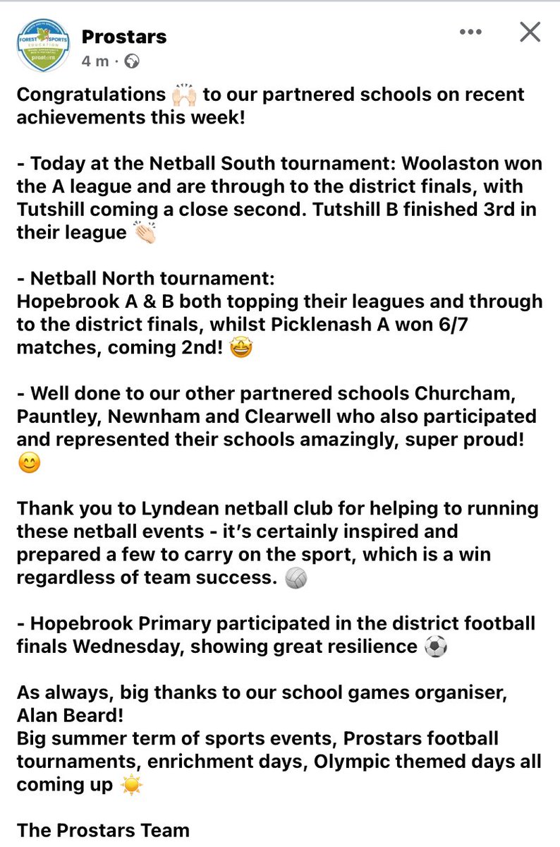 Extremely proud of our team and how we are supporting schools across the Forest Of Dean. Helping support schools with providing opportunities for children to represent the school is fantastic!
