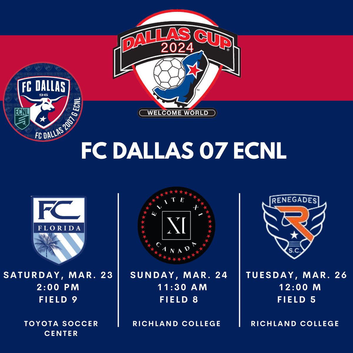 Up Next⏭️ Check out our schedule 👇🏻 We are looking forward to a fantastic week of games @dallascup‼️ #DTID | #HeartAndHustle @FCDwomen | @ECNLgirls