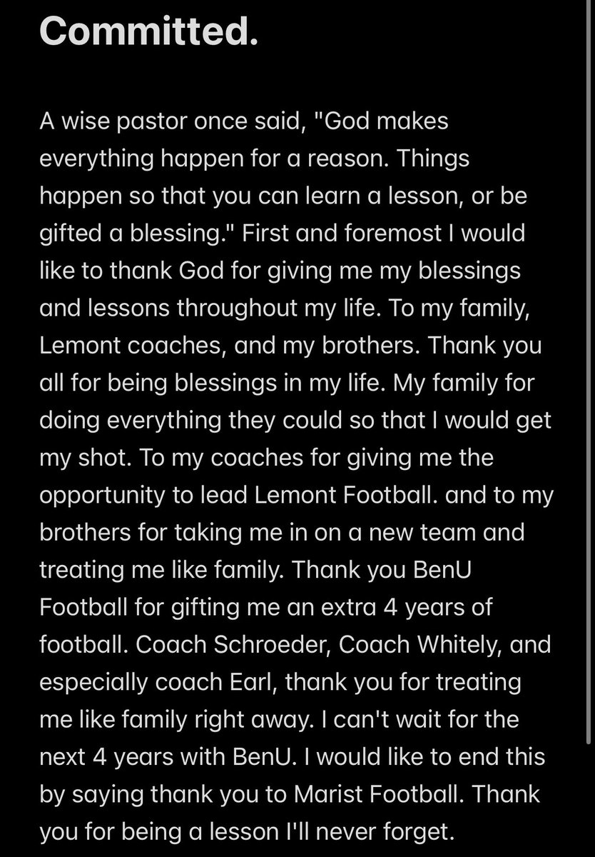 #COMMITTED @BenUFootball @Coach_Schroeder @CoachWhitley5 @nexgenscouting @lemont_football @williehayes47 @RedHawkFB Blessings and Lessons.