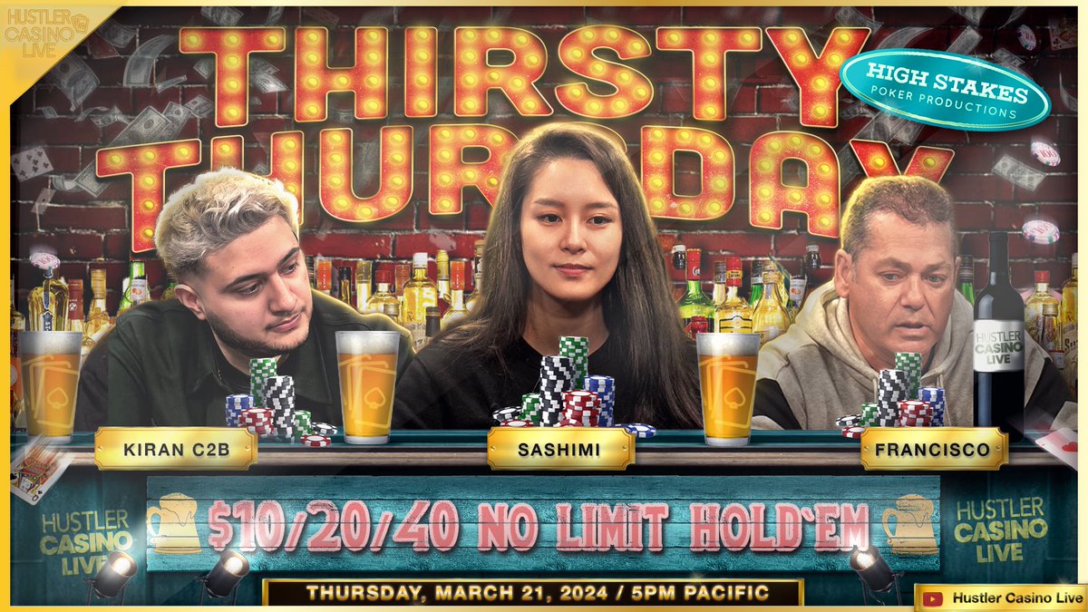 TONIGHT!! THIRSTY THURSDAY!!

@sashimipoker
@Close2Broke
Francisco 
@DBag215
@daloveman
Eddie T
The Recycler
& more

Commentary by @ChristianSotoNJ 

Sideline reporting by @nikairball 

Watch it here: youtube.com/live/Ba1zH-GWW…
