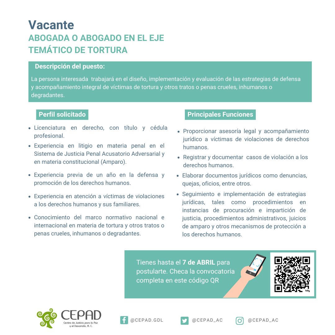 💥Nuestro equipo del eje tematico de tortura esta en busca de unx abogadx que le interese la defensa de los derechos humanos.  ¡No dejes pasar esta oportunidad! Tienes hasta el 7 de abril para postular.
Lee la vacante completa  aquí: bit.ly/493fxWm