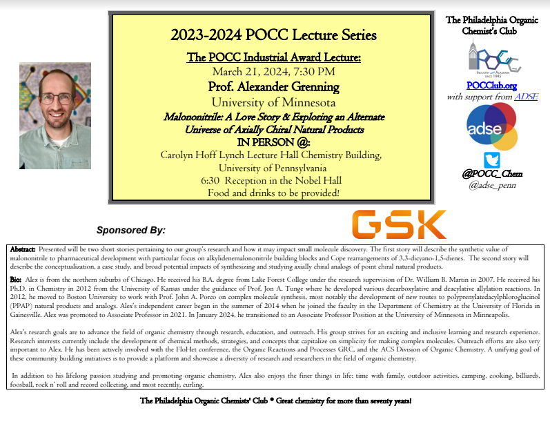 POCC_Chem's tweet image. Prof. Grenning will be giving a seminar today on synthetic research efforts occurring in his group!
Talk at 7:30 PM, Reception at 6:30 PM
See you all in a few hours (:
