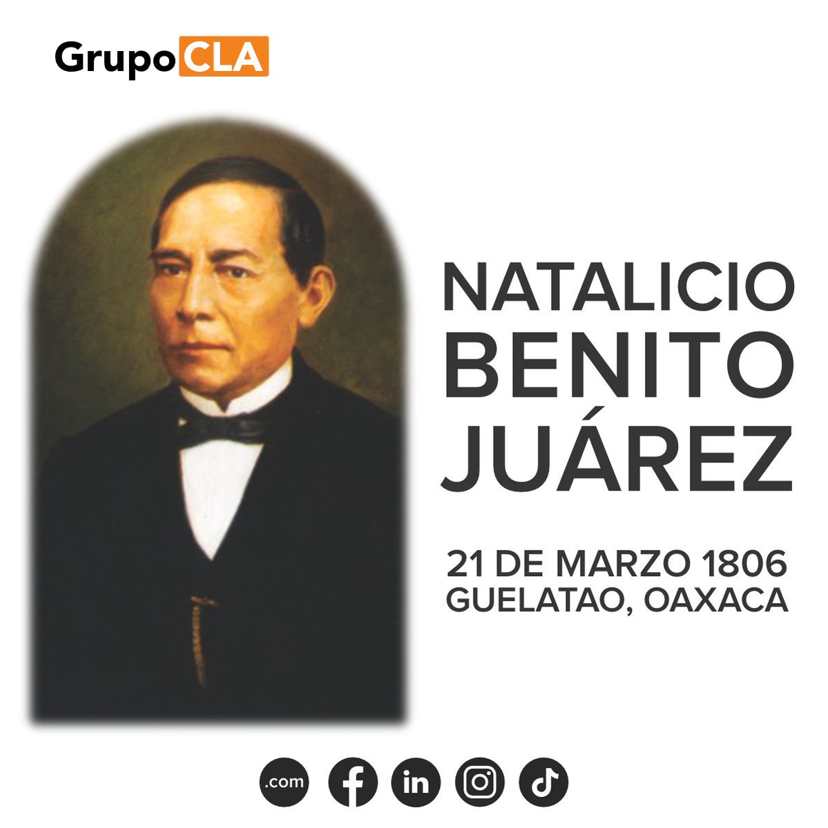 Benito Juárez, fue un abogado y político mexicano, de origen indígena, presidente de México en varias ocasiones, del 21 de enero de 1858 al 18 de julio de 1872.

#GrupoCLA #SiempreEnMovimiento #21deMarzo #NatalicioDeBenitoJuárez #BenitoJuaréz