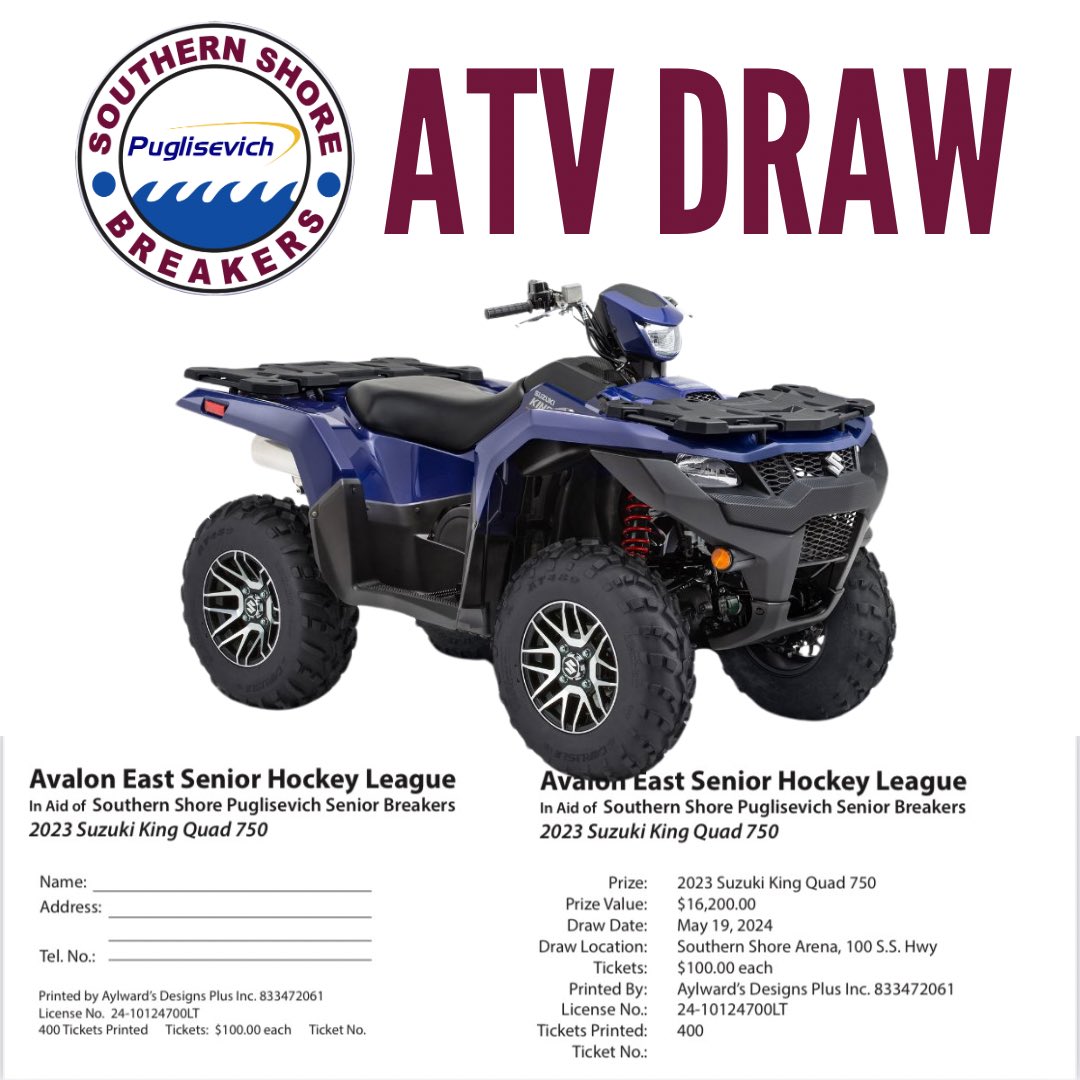 Tickets are now available on this deadly 750 Suzuki ATV with a winch and 5 year warranty in support of the Breakers run to the 2024 Allan Cup! 

$100 tickets can be purchased by EMT: sjicebreakers@gmail.com 

Please use “hockey” as the security password.

Go Breakers!