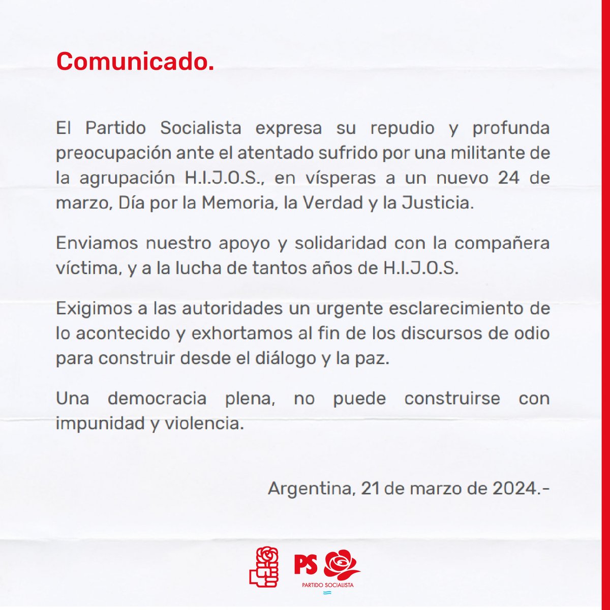 ps_argentina's tweet photo. Desde el @ps_argentina, expresamos nuestro repudio y preocupación ante el atentado sufrido por la militante de la agrupación H.I.J.O.S. https://t.co/i7fu1H3fIJ