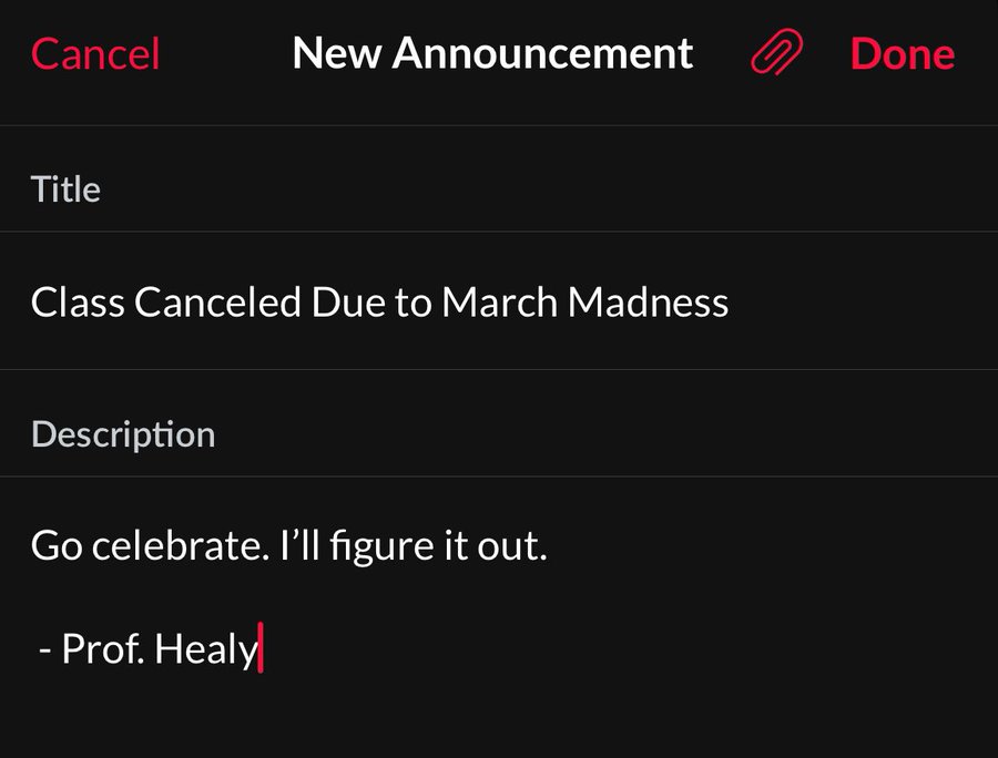 Professor Healy is THE GOAT 🐐

CLASS CANCELED AT DUQUESNE 🙌

via <a href="/blufftalk/">blufftalk</a> | #MarchMadness
