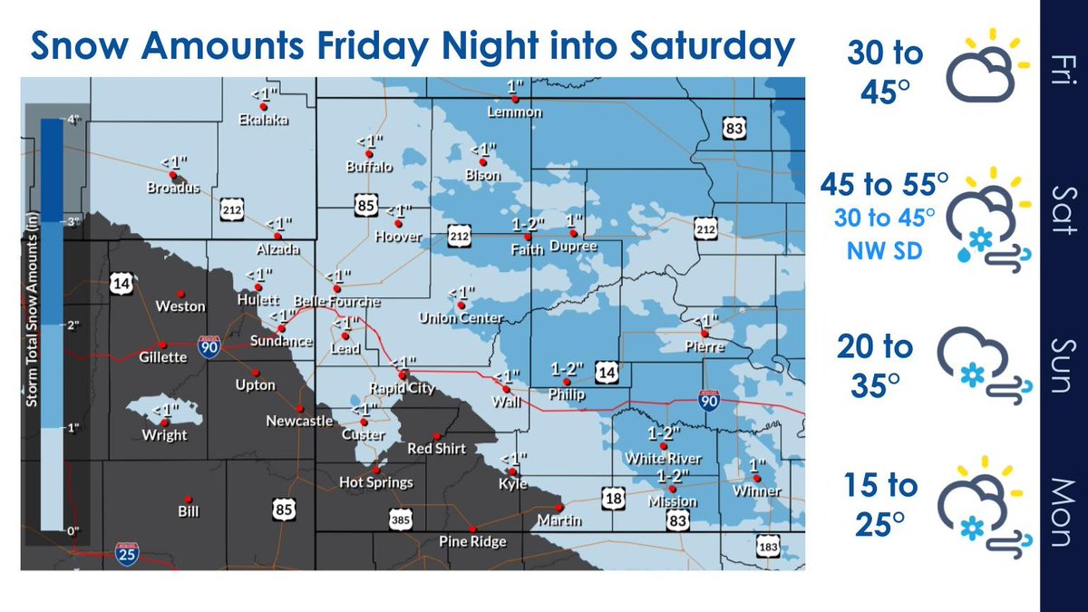 NWSRapidCity's tweet photo. Light snow late Friday, and then a bigger system will bring rain, snow, wind, and colder temperatures to the area this weekend. Most likely place for heavy snow in our area will be NW and central SD. #sdwx #wywx https://t.co/hwRGPxXaX3