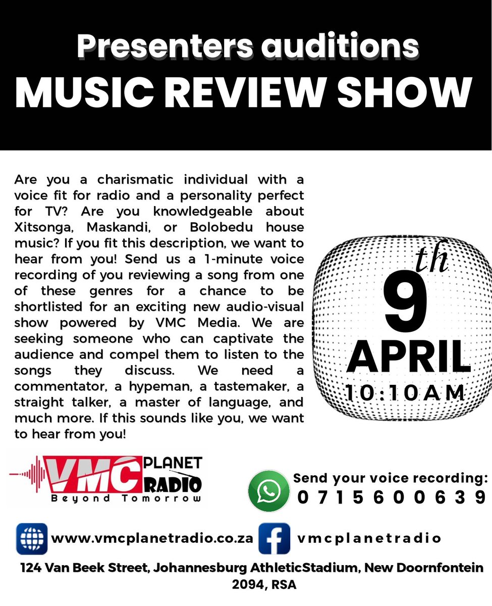 VMC PLANET RADIO (@vmcplanetradio) on Twitter photo #Xitsonga #Isizulu #maskandi #Khilobedu #Musicreview #Gauteng
<a href="/Vmcplanetradio/">VMC PLANET RADIO</a> <a href="/Jobshare7/">JobshareSA</a> #Xitsonga #Isizulu #maskandi #Khilobedu #Musicreview #Gauteng
<a href="/Vmcplanetradio/">VMC PLANET RADIO</a> <a href="/Jobshare7/">JobshareSA</a>