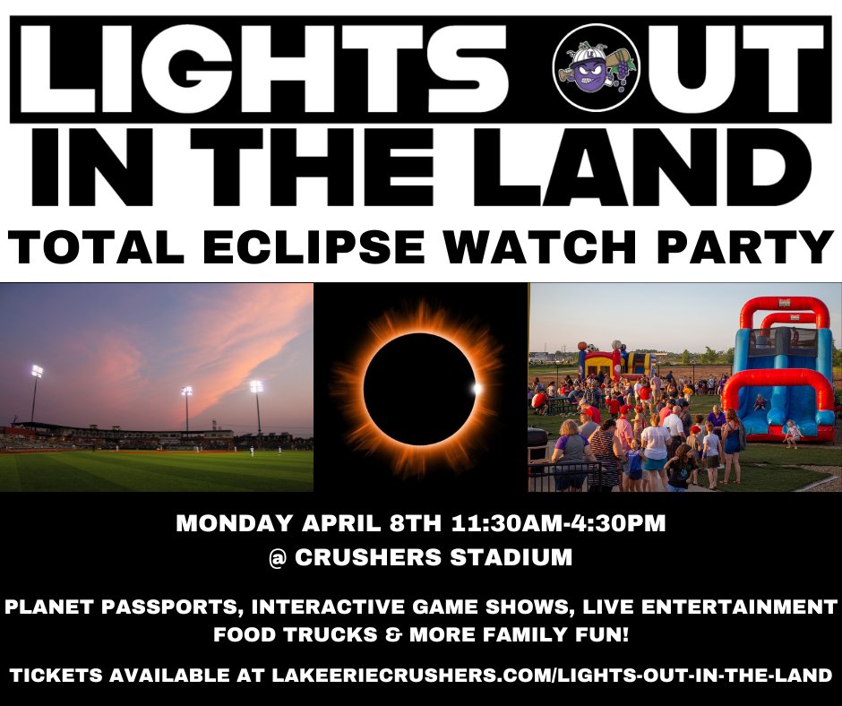 Join us for a total eclipse watch party from the path of totality! Lights Out in the Land will be held at Crushers Stadium on April 8th - grab your tickets today🌞 bit.ly/3Hu7OFp