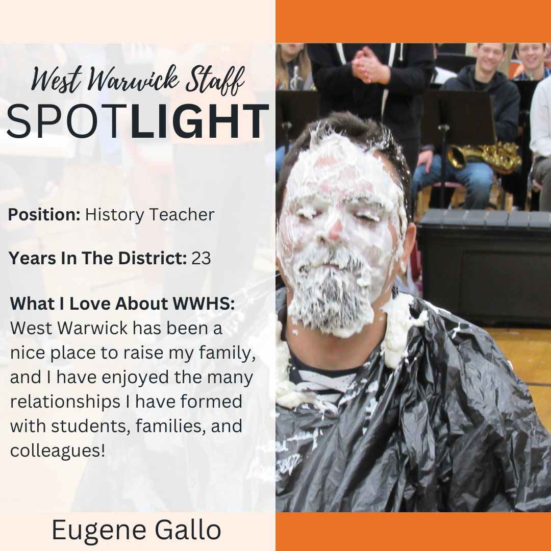 This week's West Warwick Staff Spotlight is one of our wonderful History Teachers, Eugene Gallo! (Featuring a silly Pi (3.14) Day photo)! Thank you, Eugene for your dedication to WWHS and your students! We are very lucky to have you. #WWHSWizards #WizardPride #WWHS