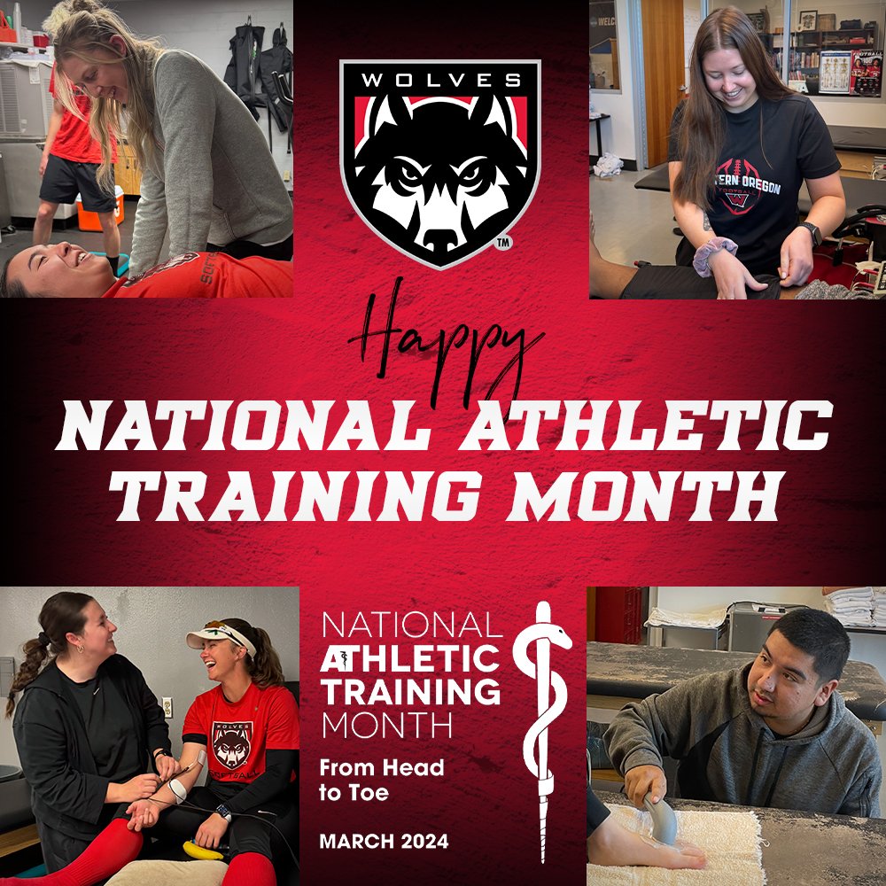 A big shoutout to our wonderful athletic trainers who keep our WOU student-athletes active, healthy and happy (clockwise from top left):

- Alyssa Assay (Head AT)
- MaryBeth Knott (Assoc. AT)
- Jesse Escalona (Asst. AT)
- Sara Gordon (Asst. AT)

#NATM2024