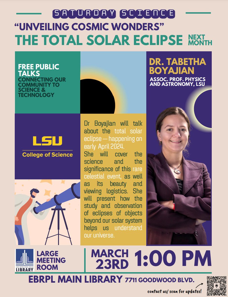 Join us at TOMORROW at 1pm @ebrpl for a talk about the SOLAR ECLIPSE!!! #SolarEclipse2024 #SolarEclipse @LSUphysastro @lsuscience
