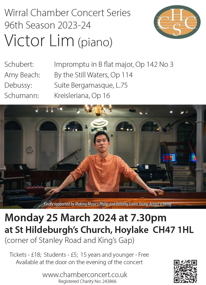 Join us on March 25th for the FINAL concert of our 2023-24 season! Talented pianist @victor_lim94 is bringing an exciting programme of solo piano works to @StHildeburgh to see out our series in style 😃 #classicalmusic #chambermusic #livemusic #wirralconcerts #hccsmusic