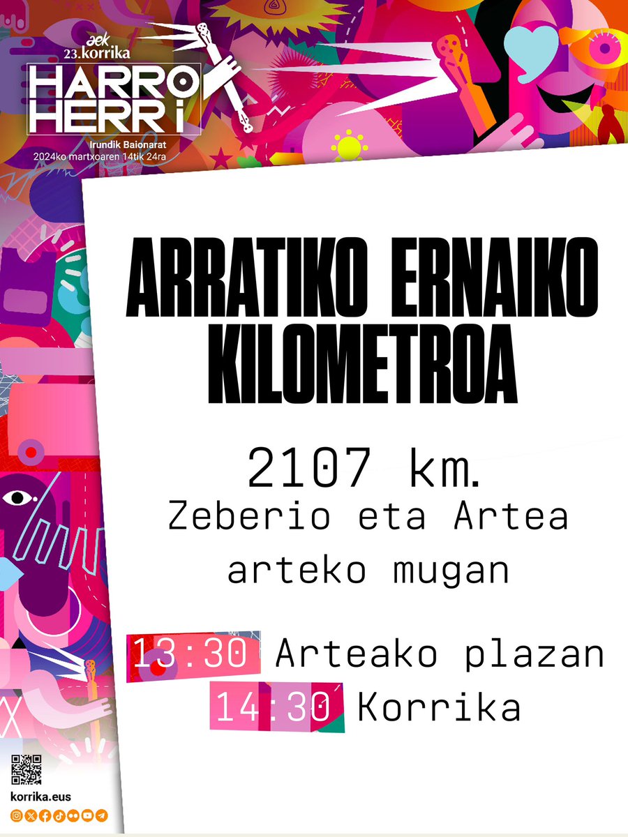 Arratiko Ernaik kilometroa eukingo dau biher Korrikan! Zeberio eta Arteako mugatik hur hasiko da, 2107. kilometroan. 14:31etan izingo da, beraz, 13:30etan geldituko gara Arteako plazan oinez igoteko.

Erduzie Euskal Herri euskaldun baten alde iten!