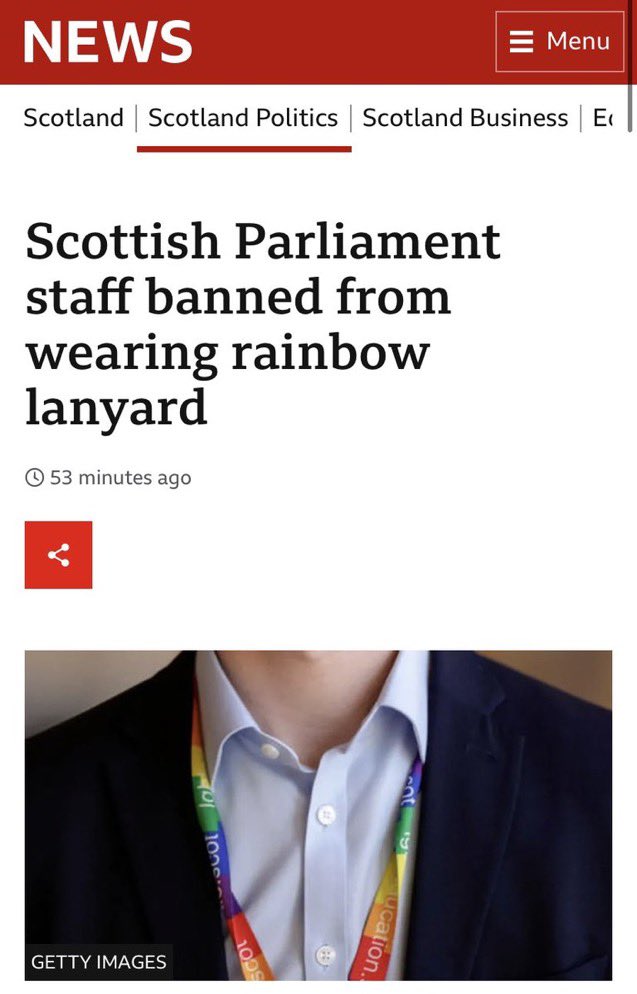 This is very disappointing and unacceptable news Visibly identifying yourself as LGBTQ+ or an ally should not be considered a political act Believing LGBTQ+ people should have rights and deserve queer joy should not be controversial bbc.co.uk/news/uk-scotla…