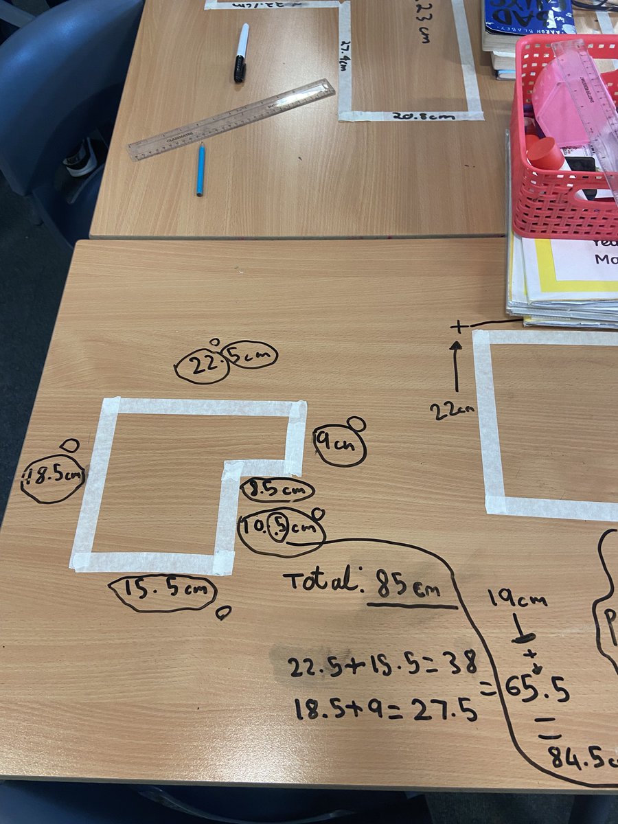 MORE MASKING TAPE MATHS!
Yr 4 finding the perimeter of rectilinear shapes, revising how to use a ruler and working as a team.  Easy to adapt - some chd  using 1cm cubes, others using whole numbers (cm) and some working decimals. Purposeful fun!
#edutwitter #primarymaths #edchat