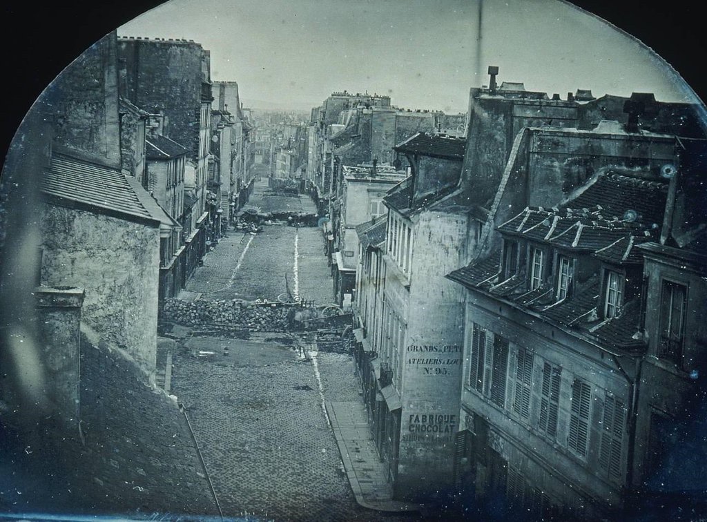 Early photograph of barricades in the streets of Paris during the 1848 French Revolution.