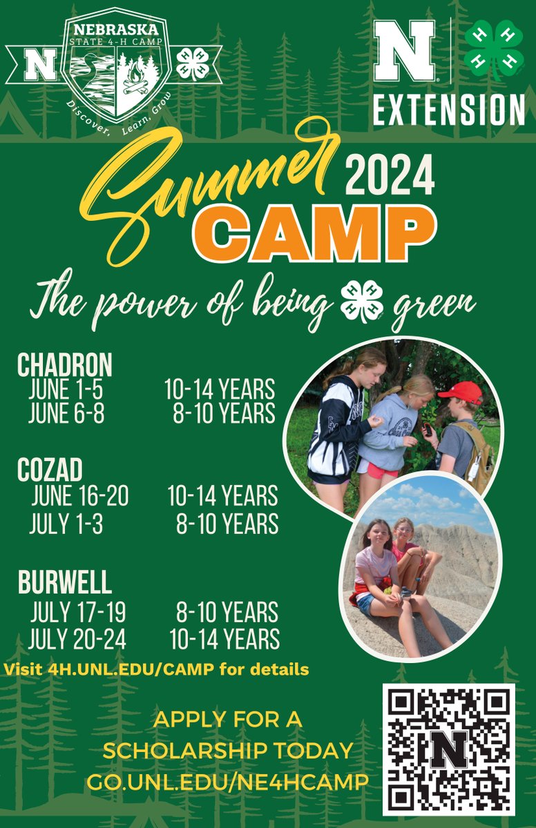 Camp Norwesca, south of Chadron, hosts a 10 to 14-year-old State 4-H Camp June 1-5 and a 6 to 8-year-old State 4-H Camp June 6-8. 4H Camp Scholarships are available. Please take a look at the attached flyer for more information. Anyone can apply. #GoCardsNation