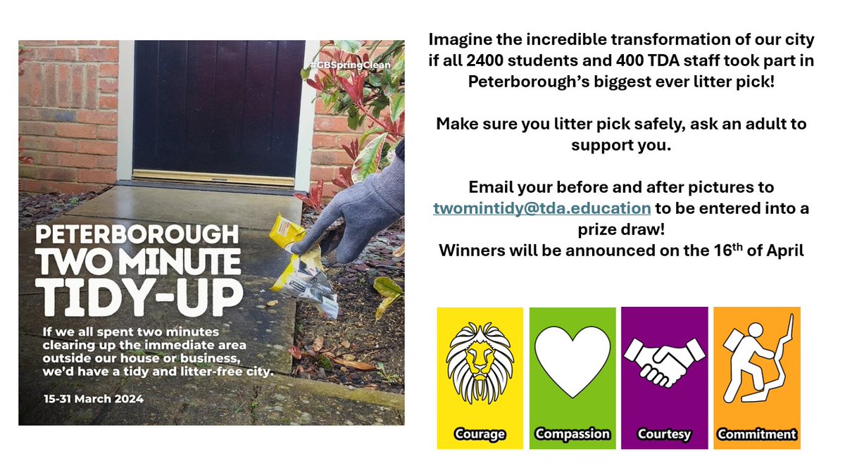 Join Peterborough's Two Minute Tidy-Up and keep our city litter-free! You could win a prize draw at TDA for taking part! See poster for details. 👇 🗑️ #compassion #TDETacademies