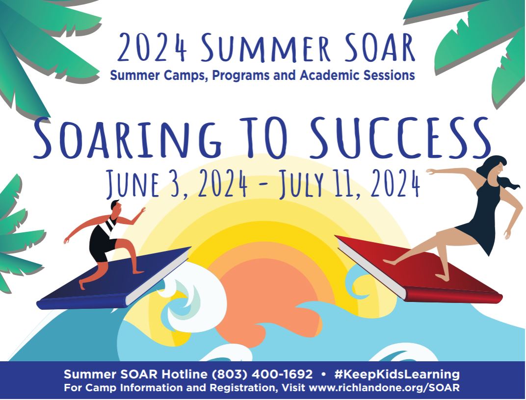 Ride the wave of learning and register your child for Richland One's Summer SOAR 2024 programs and camps. Summer SOAR will be held June 3-July 11. For information about registration and the programs offered, go to richlandone.org/SOAR or call 803-400-1692. #TeamOne #OneTeam