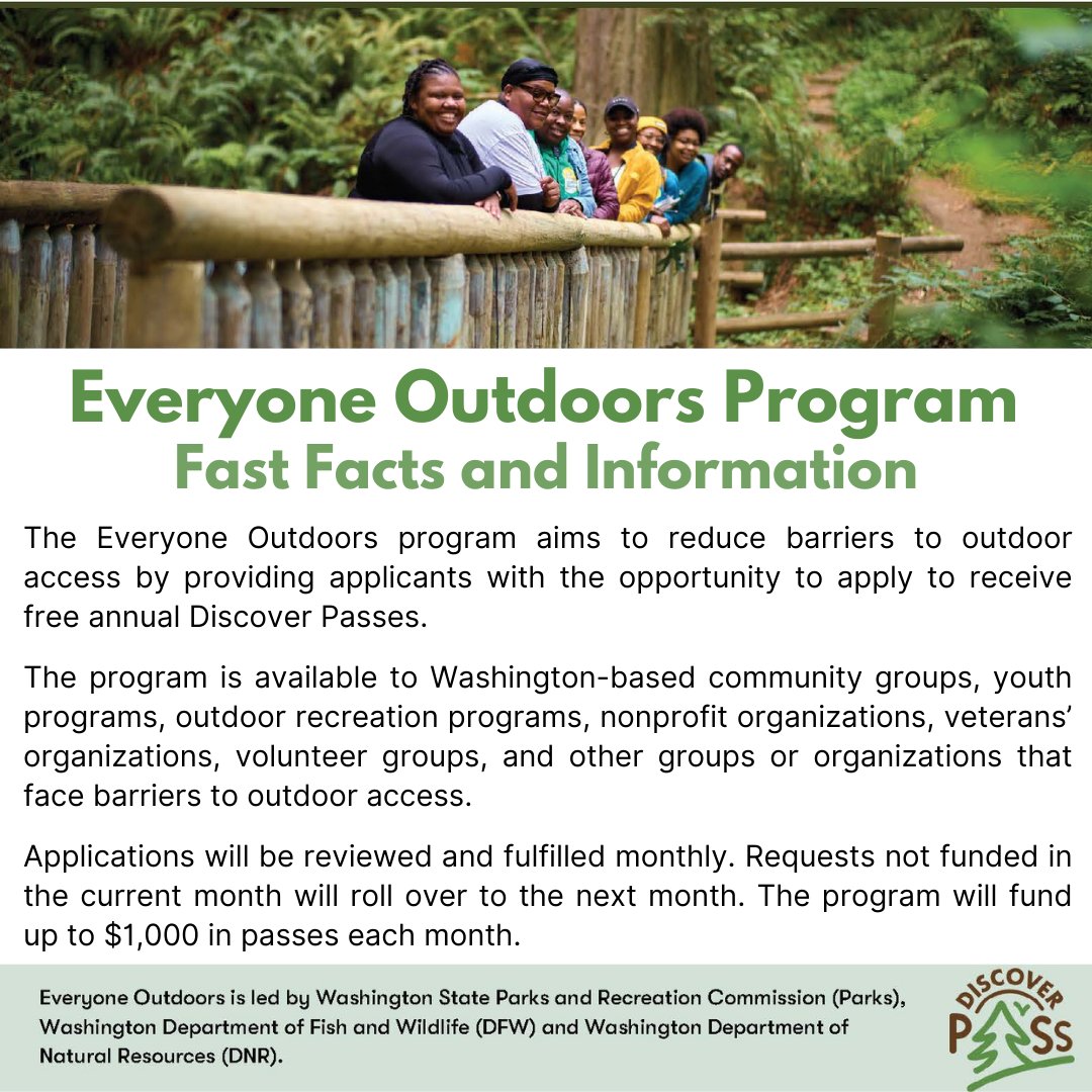 The new Everyone Outdoors Program helps reduce barriers to outdoor access by providing the opportunity to receive free Discover Passes. This is funded by <a href="/WAStatePks/">Washington State Parks & Recreation Commission</a>, <a href="/WDFW/">Washington Department of Fish & Wildlife</a>, &amp; <a href="/waDNR/">Washington State Dept. of Natural Resources</a>. Each agency funds up to $1,000 in pass donations each month.

More info: rb.gy/6q83k3