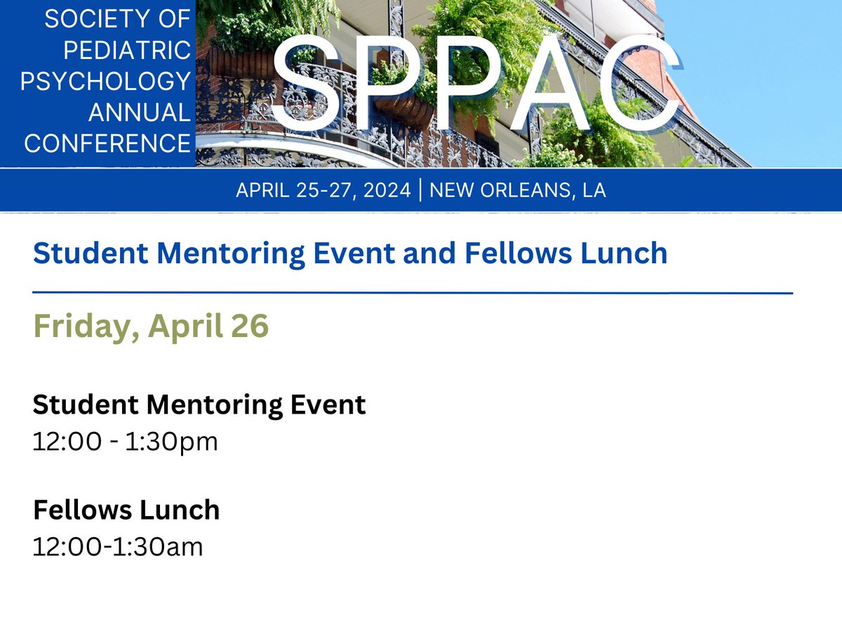 Don't forget to sign up for either of these two exciting opportunities at SPPAC 2024! The Student Mentoring Event and Fellows Lunch on Friday April 26, 2024. Links to register are below. 

Student Mentoring Event: docs.google.com/forms/d/e/1FAI…
Fellows Lunch: secure.pedpsych.org/np/clients/soc…